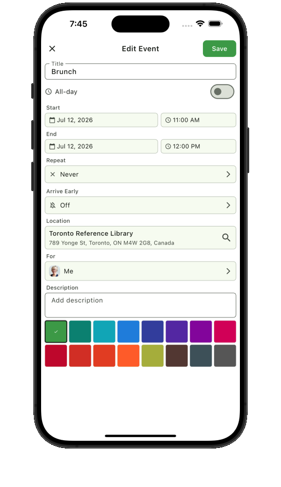 Teamnest Pro edit event form with event color options