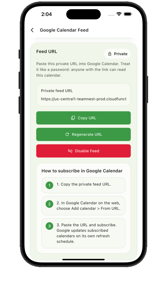 Teamnest Pro Google Calendar feed setup instructions