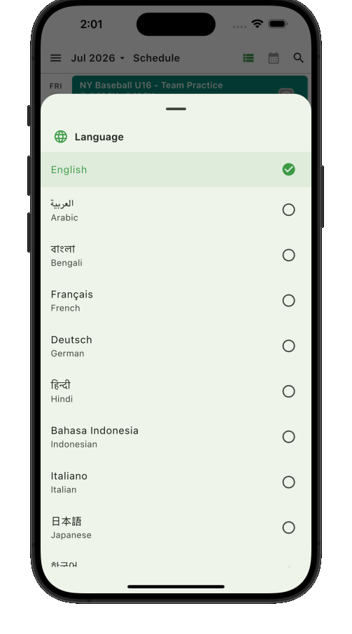 Teamnest Pro language settings with multiple language options