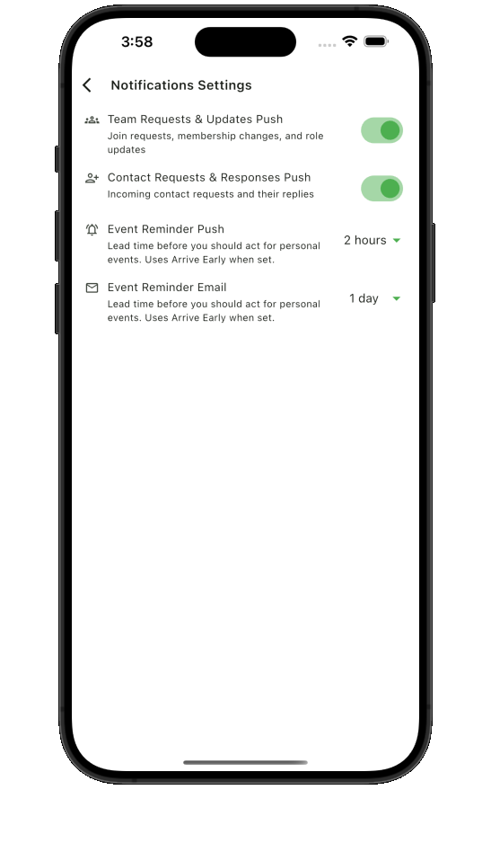 Teamnest Pro notification settings