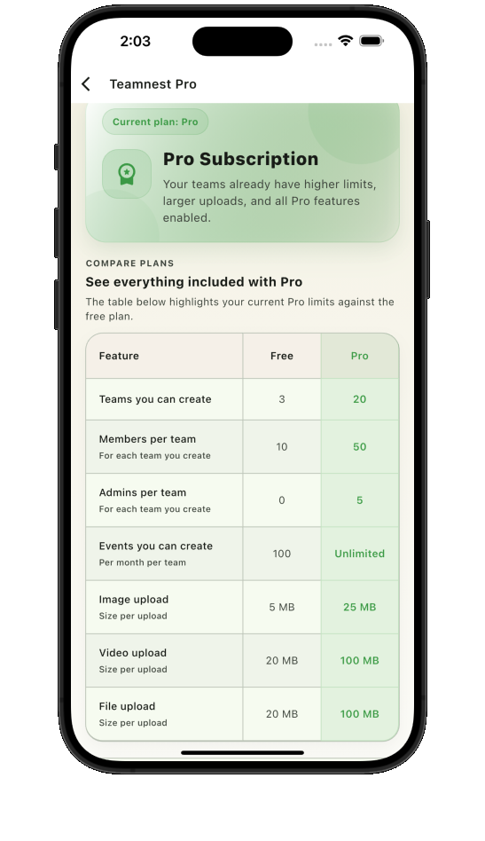 Teamnest Pro subscription screen comparing Free and Pro plan features