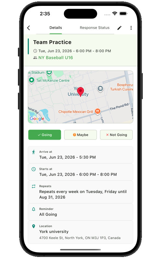 Teamnest Pro event details with RSVP response status controls