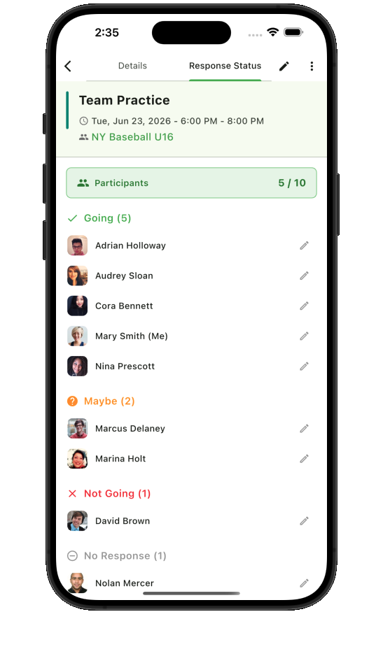 Teamnest Pro participant response status list