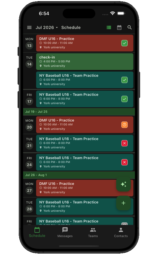 Teamnest Pro schedule list in dark theme