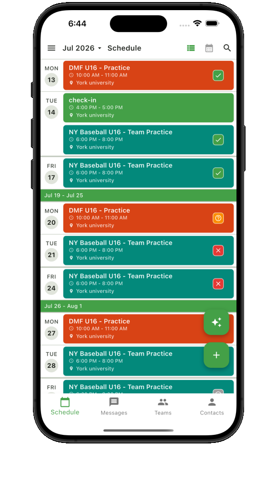 Teamnest Pro event list view