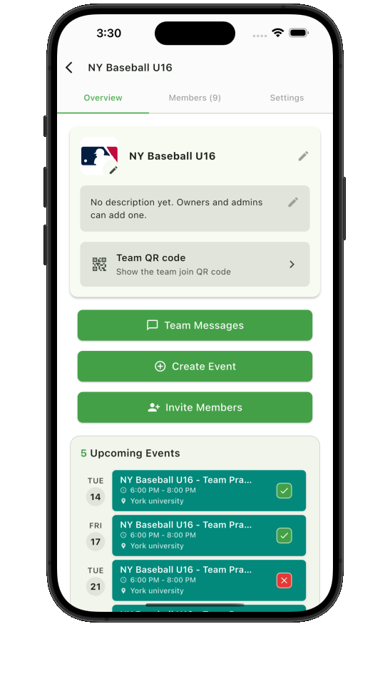 Teamnest Pro team overview with upcoming events